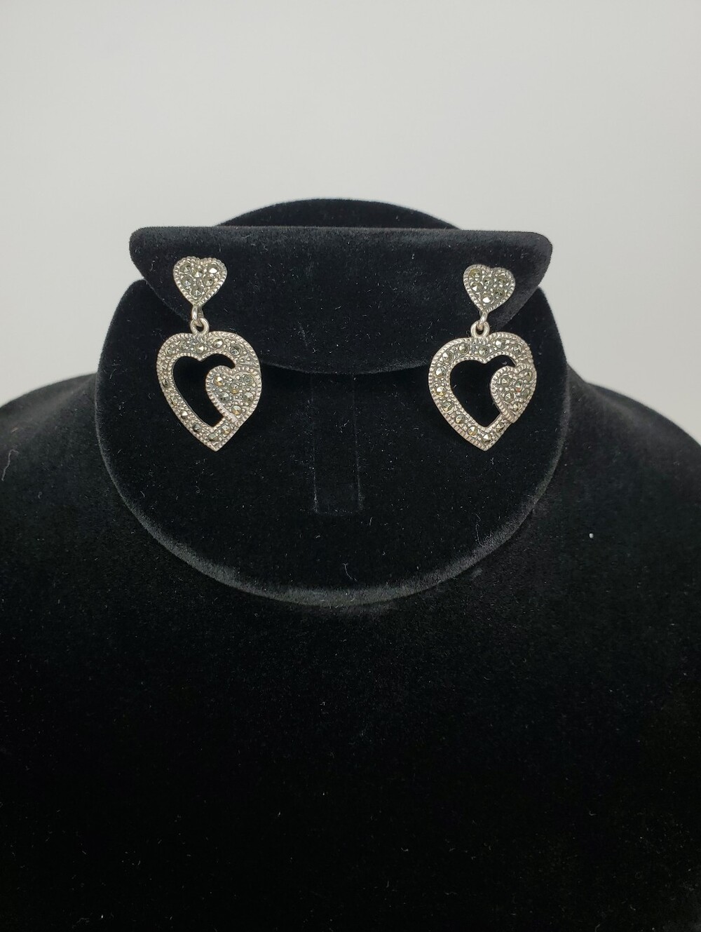 Sterling Silver Marcasite Heart Dangle Earrings 925